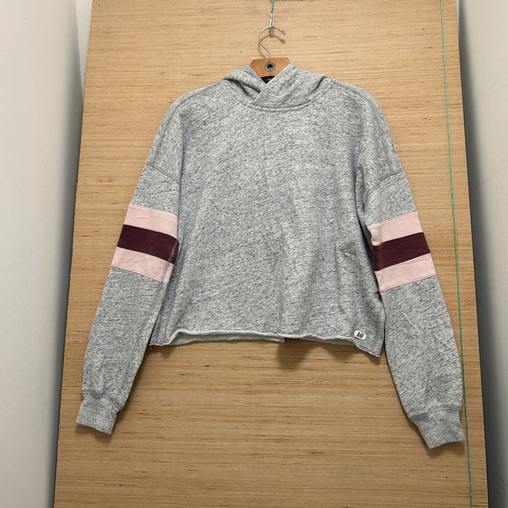 Abercrombie & Fitch Womens Gray Cropped Hoodie‎ Striped Sleeve Small Raw Hem